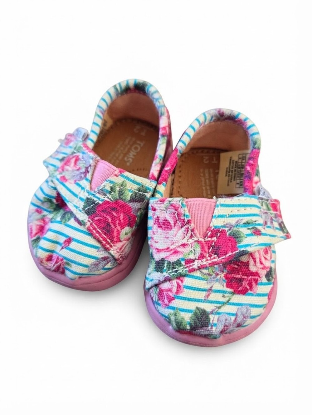 TOMS Baby Girl Floral Stripe Canvas Crib Shoes Size T2 Pink Blue